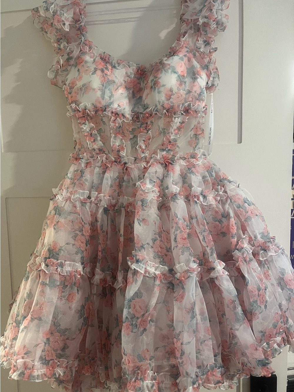 Rachel Allan Floral Ruffle Tiered Dress - coral & White. NWOT